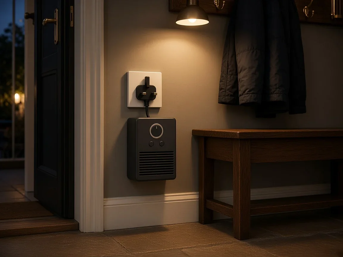 Medium charcoal plug-in heater in a UK entrance hall at dusk