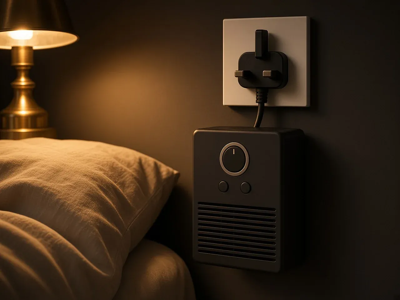 Small charcoal plug-in heater beside a bed, in a UK socket
