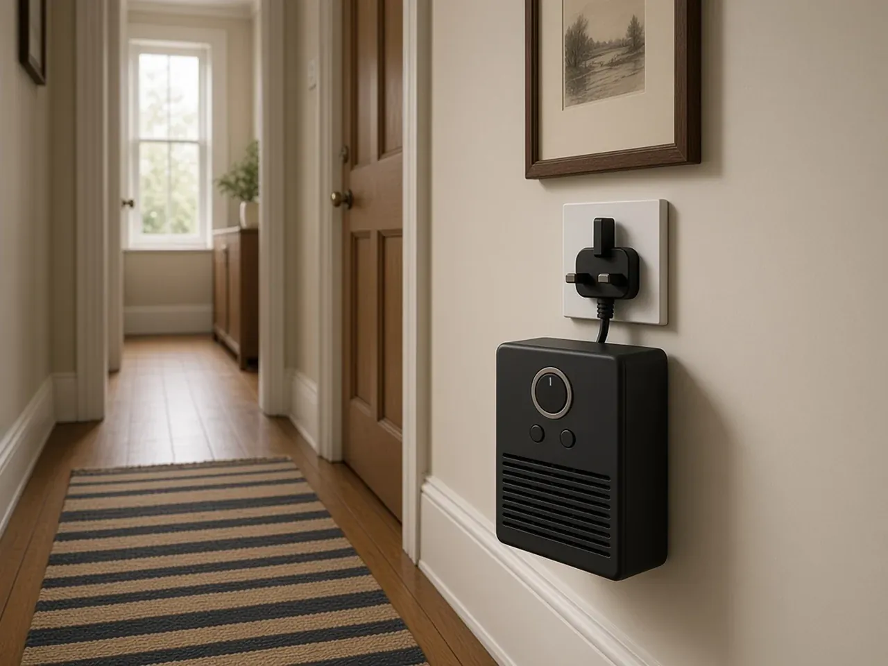 Small charcoal plug-in heater in a UK hallway