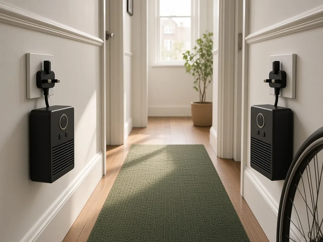 Two small plug-in heaters in a UK hallway