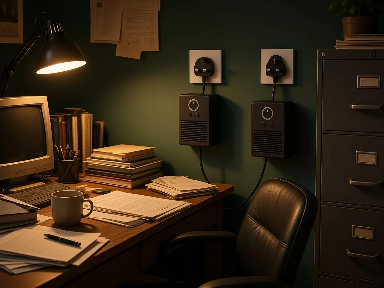 Two small plug-in heaters in a home office