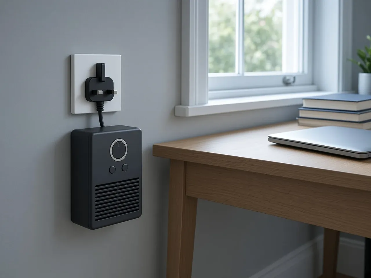 Medium charcoal plug-in heater by a home-office desk