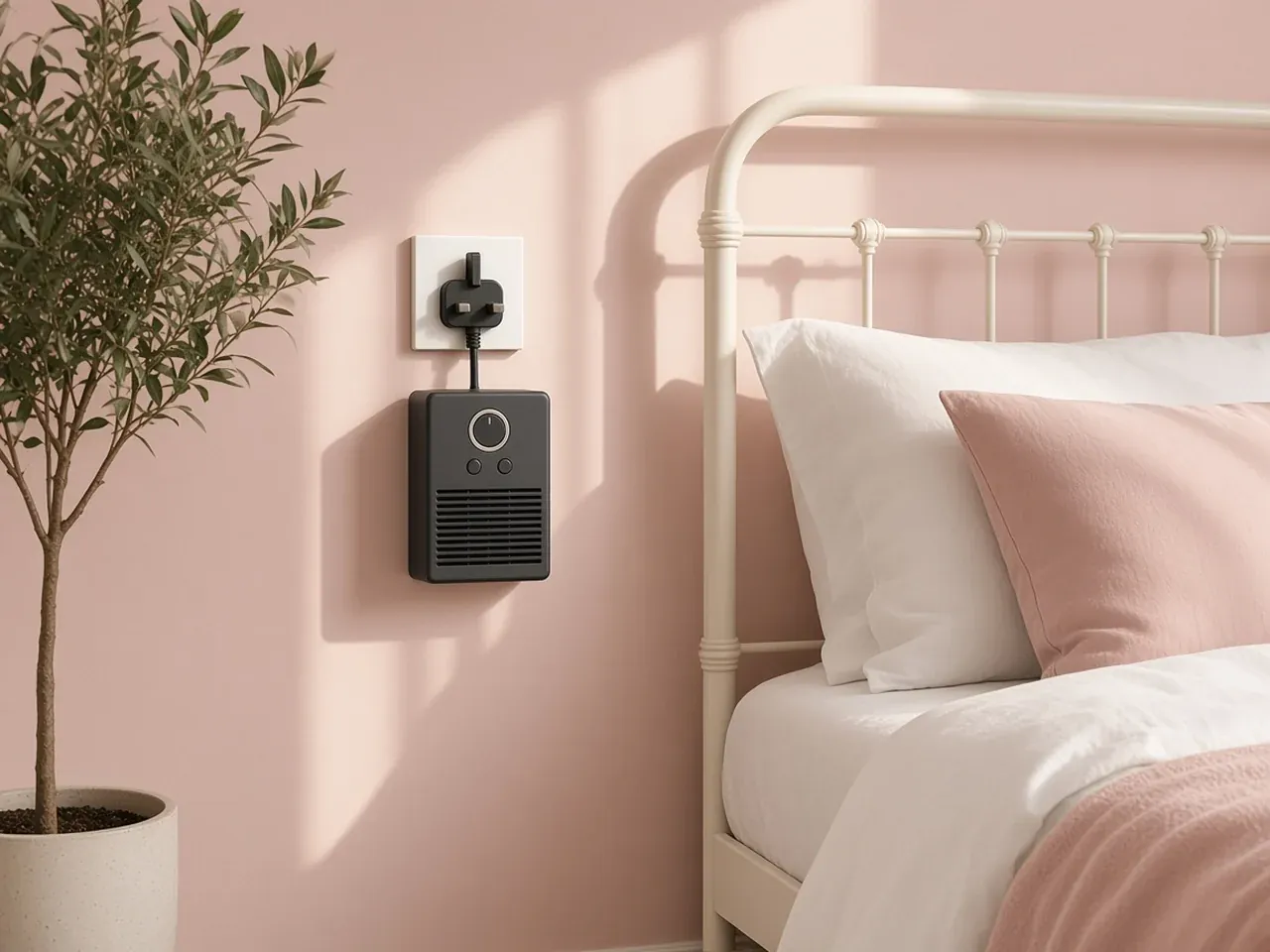 Medium charcoal plug-in heater in a pale bedroom