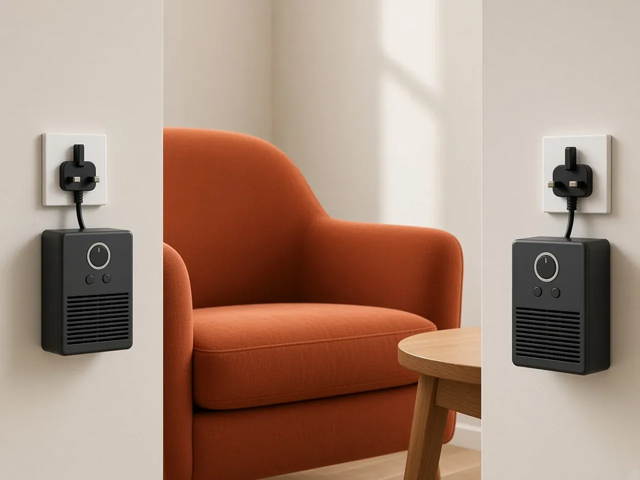 Two medium plug-in heaters in a bedroom