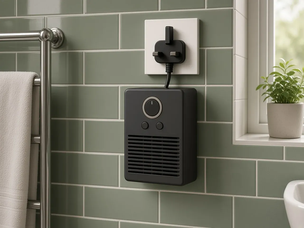 Taller charcoal plug-in heater in a bathroom, away from the basin