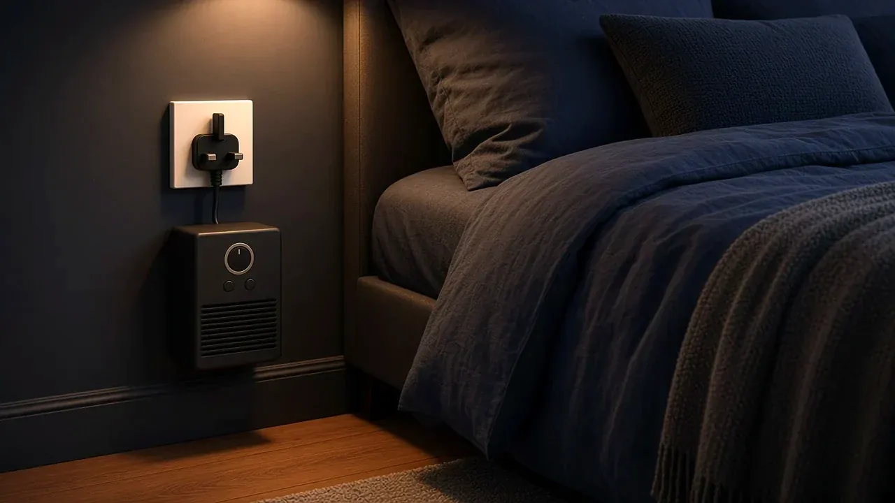Small charcoal plug-in heater by a bed at night